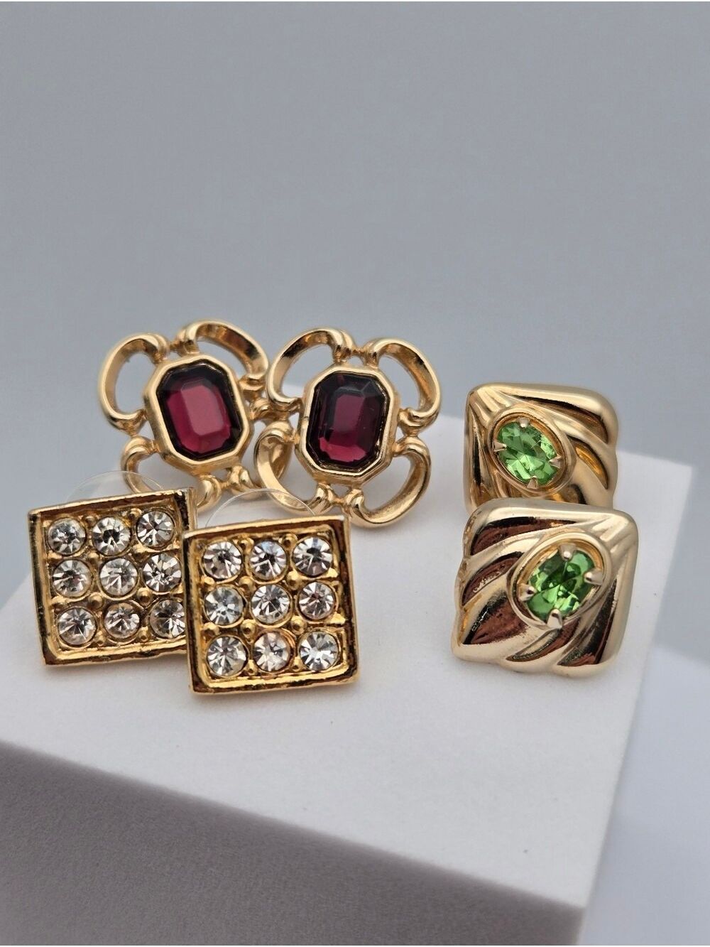 3 Pair Vintage Style Stud Earrings Filigree Garnet Crystal Pavé Green Stone New